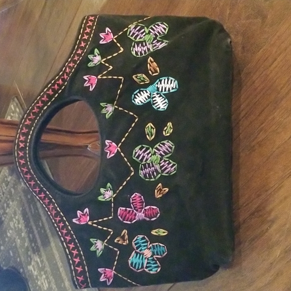 J.Renee Handbags - J Renee Black Suede Leather Embroidered Bag